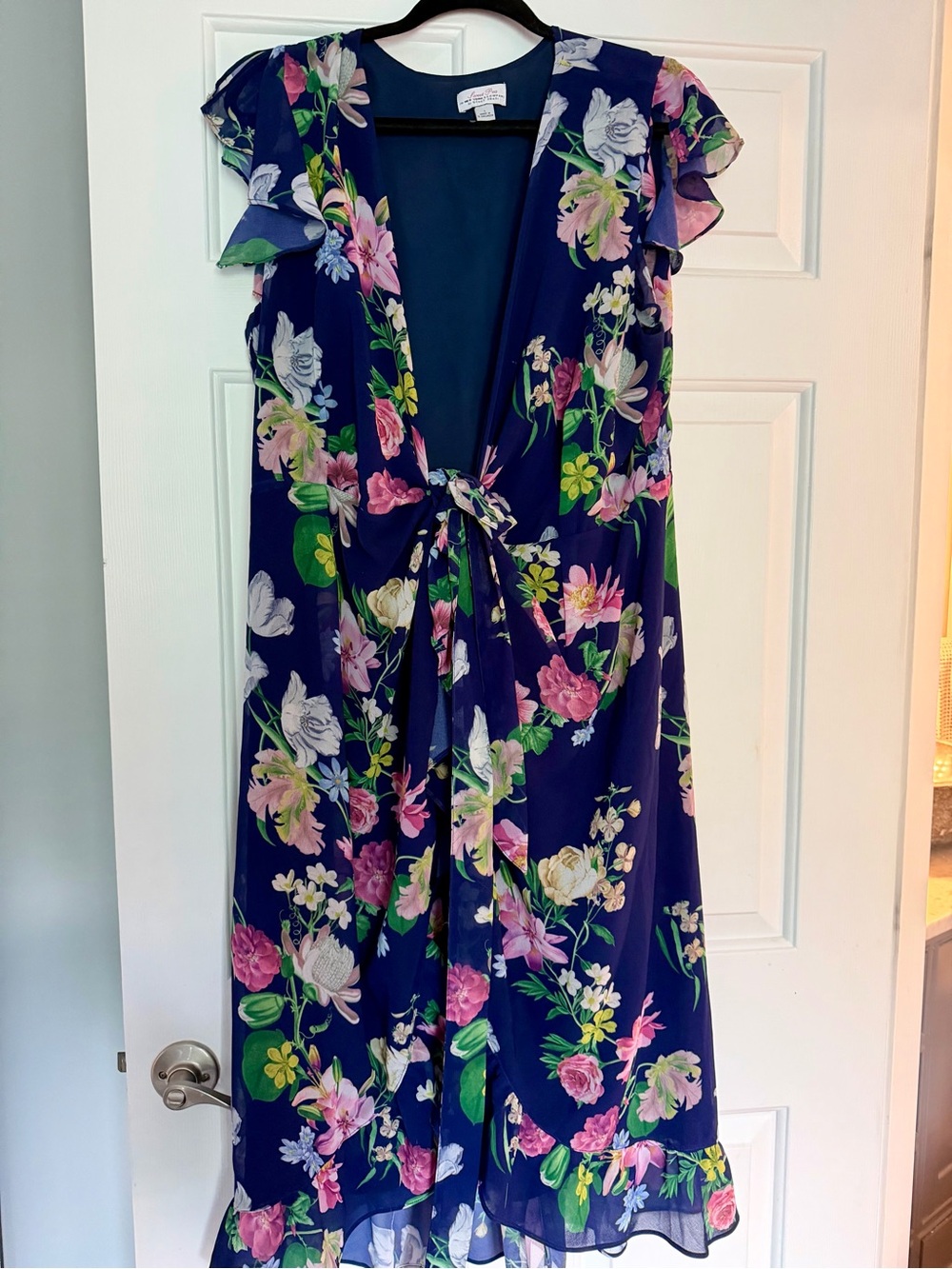 New York & Company Navy Floral Tie-Front Midi Dress with Pink & Green Flowers